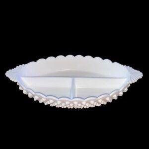 Great Condition FENTON Hobnail Milk Glass Divided Relish or Candy Dish 12.25"